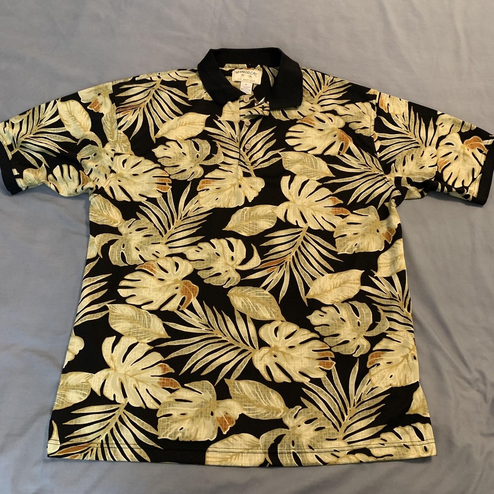 Bamboo Cay‎ Polo Shirt Mens XL Black Tropical Leaf Hawaiian Resortwear Casual